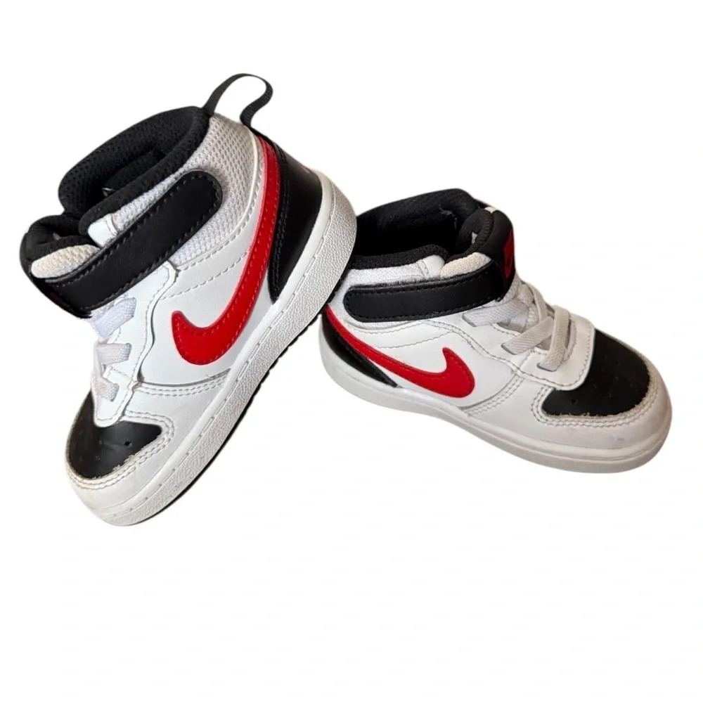 Nike Kids' Court Borough Mid 2 White and Black Sneakers w/ Red Accents-Size 6C